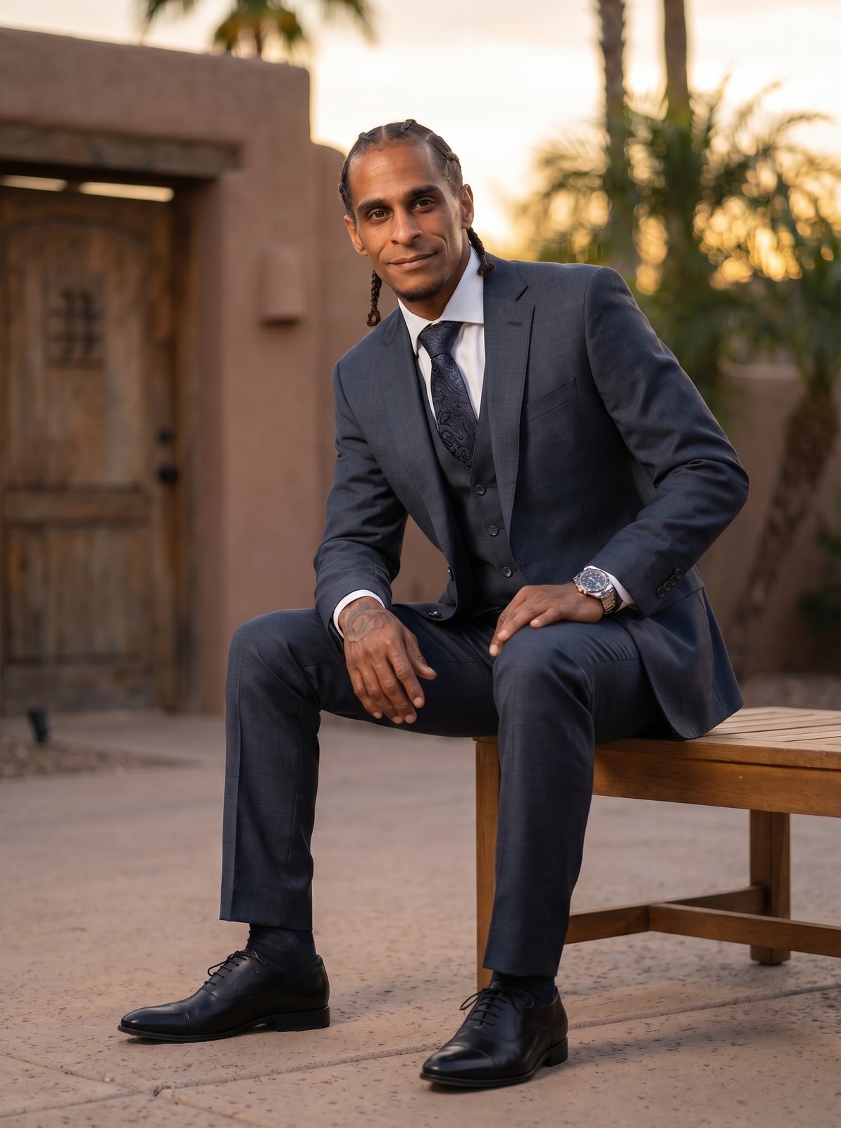 Manny Harmon, founder of SafeArbor Consulting, seated in a tailored three-piece suit at golden hour outside an Arizona adobe villa