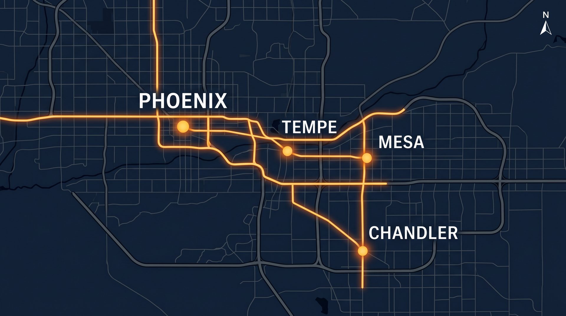 A stylized map of the Phoenix metro showing routes through Phoenix, Tempe, Mesa, and Chandler