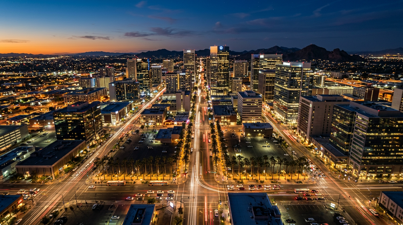 Aerial view of downtown Phoenix at night with traffic light trails.