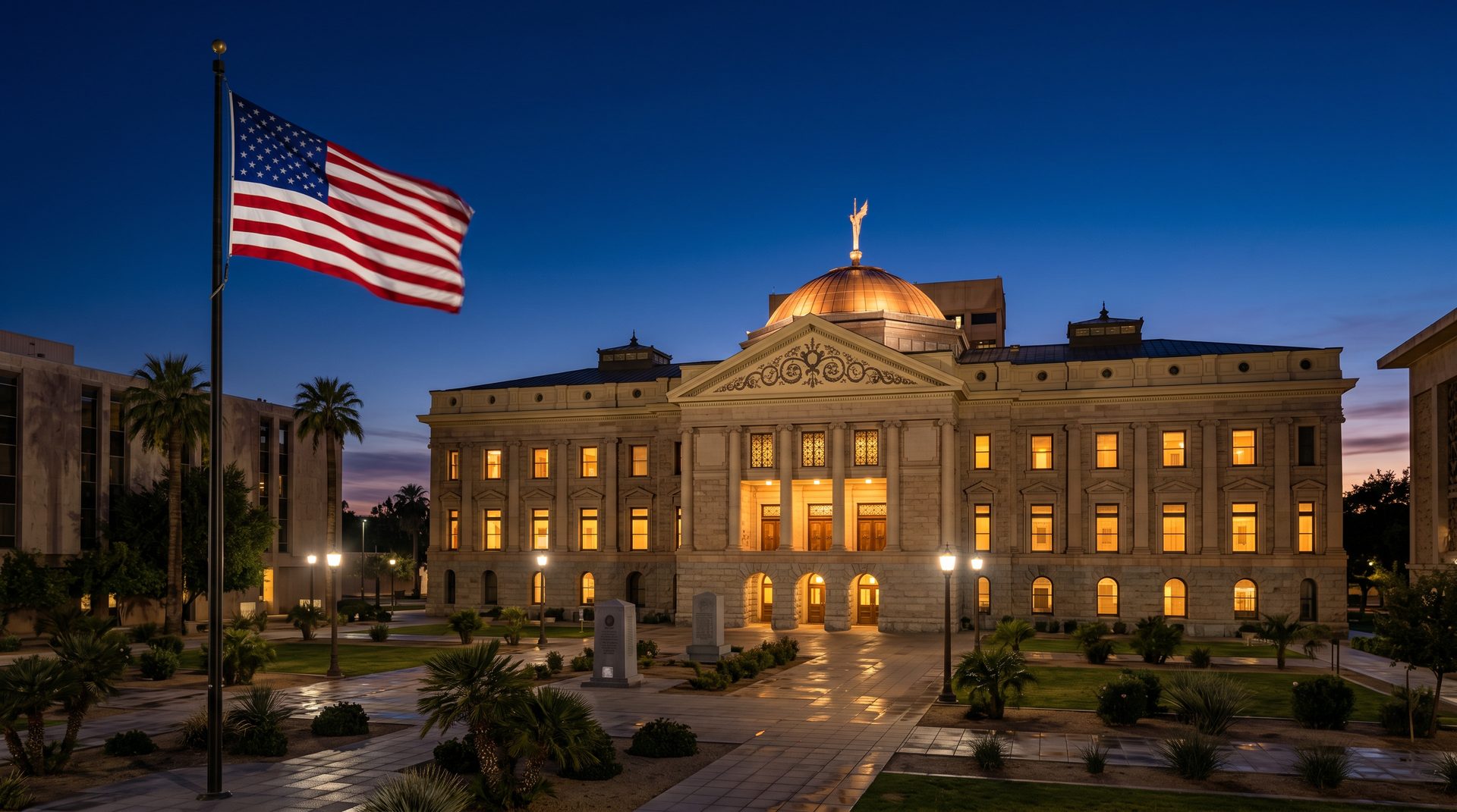 The Arizona State Capitol at dusk with the American flag in the foreground
