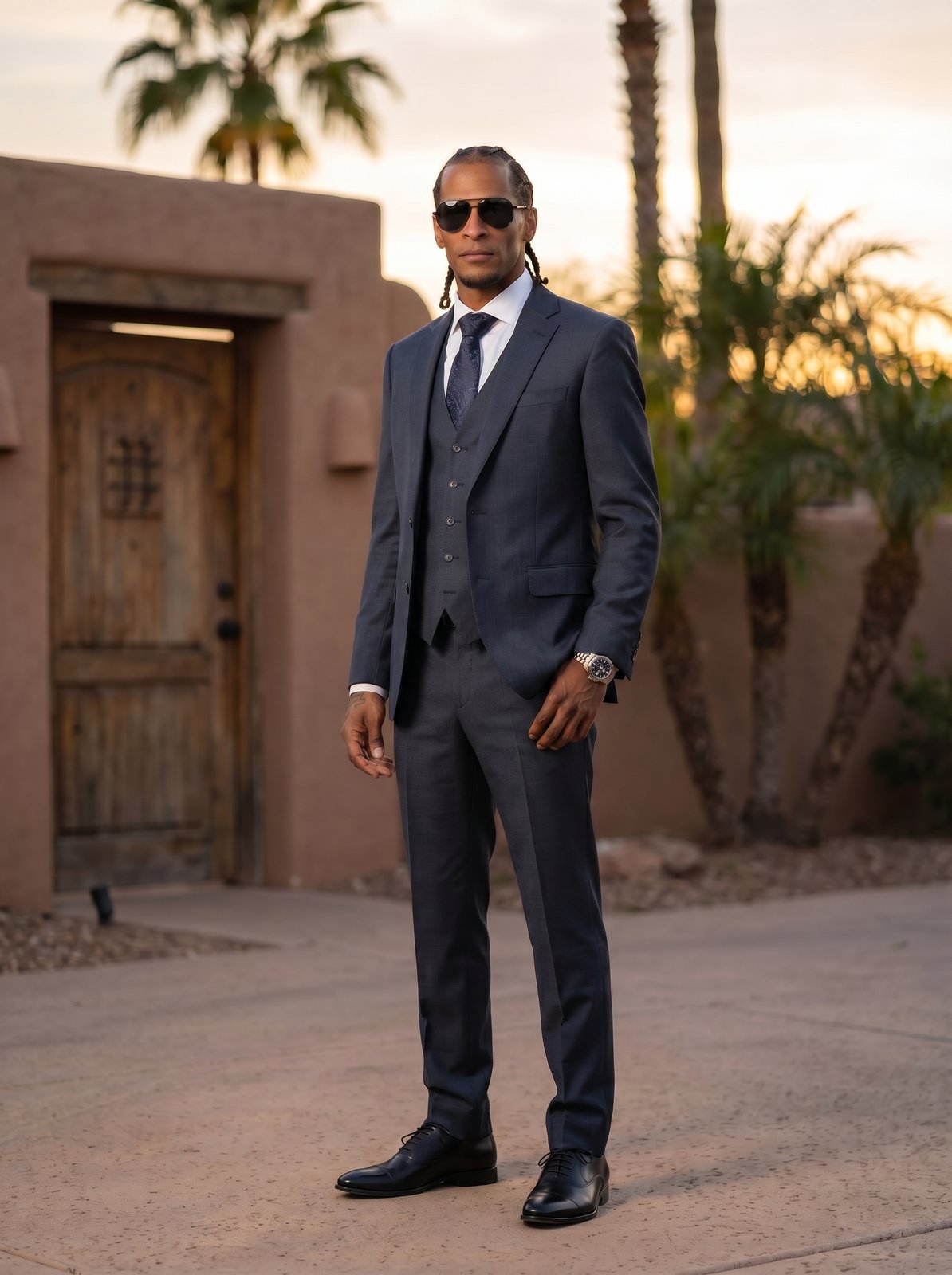 A small-business owner standing in front of his Phoenix-area shop at golden hour