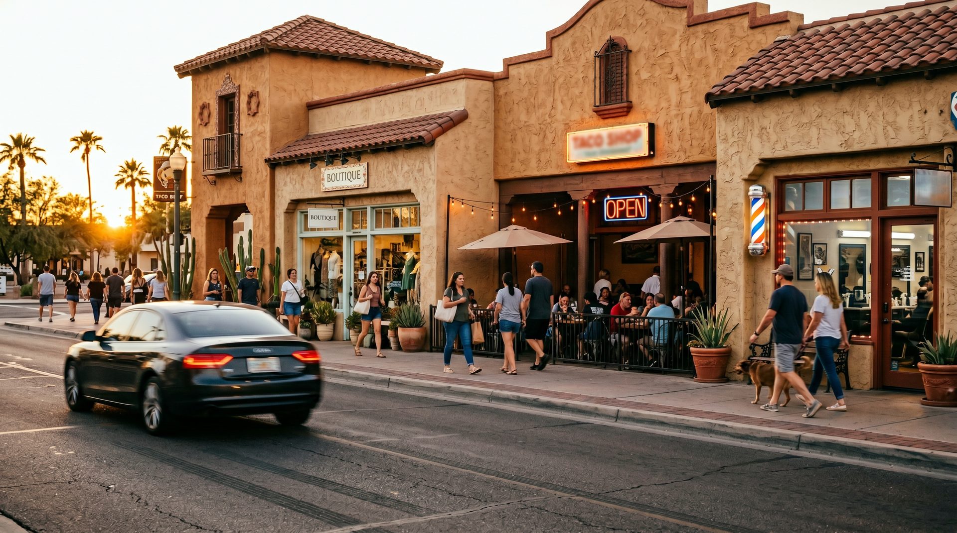 A busy Chandler block at golden hour